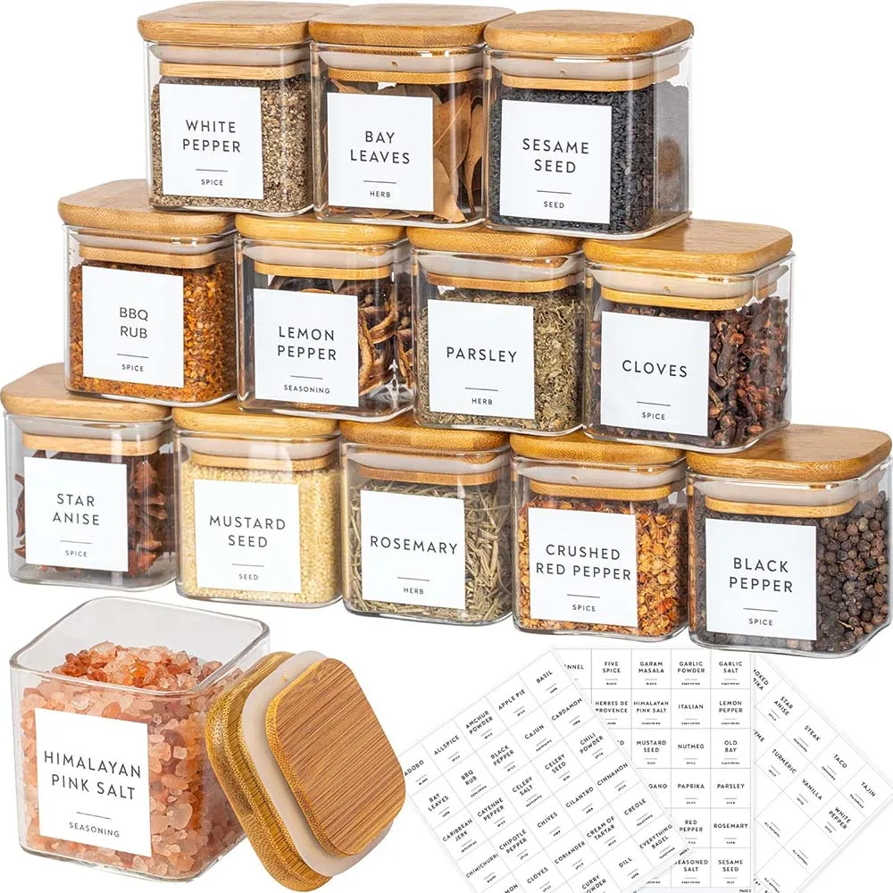 Meal Prep Glass Containers With Lids - 5온스 사각 향신료 병, 대나무 뚜껑/스티커